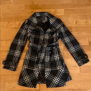 Express Black & White Plaid Belted Tailored Coat Size S